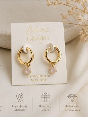 Gold Hoop Earrings with Pink Quartz Drop